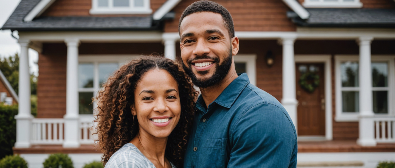 A couple standing together and smiling in front of their home.